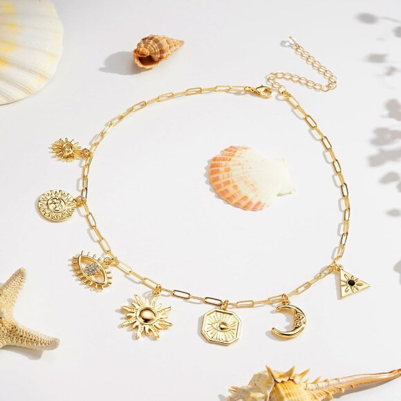 Charm Necklace for Women, 14K Gold Plated Shell Sun Starfish Summer Beach Neckla - Picture 4 of 5